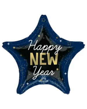 Folieballonger: "Happy New Year" - Stjerner - Blå, Svart, Gull, Hvit - 43cm